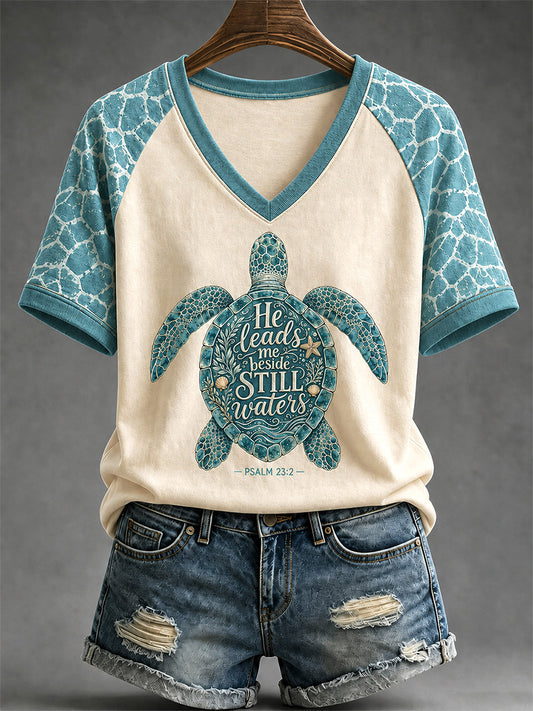 Women's He Leads Me Beside Still Waters Print Casual V-Neck Tee