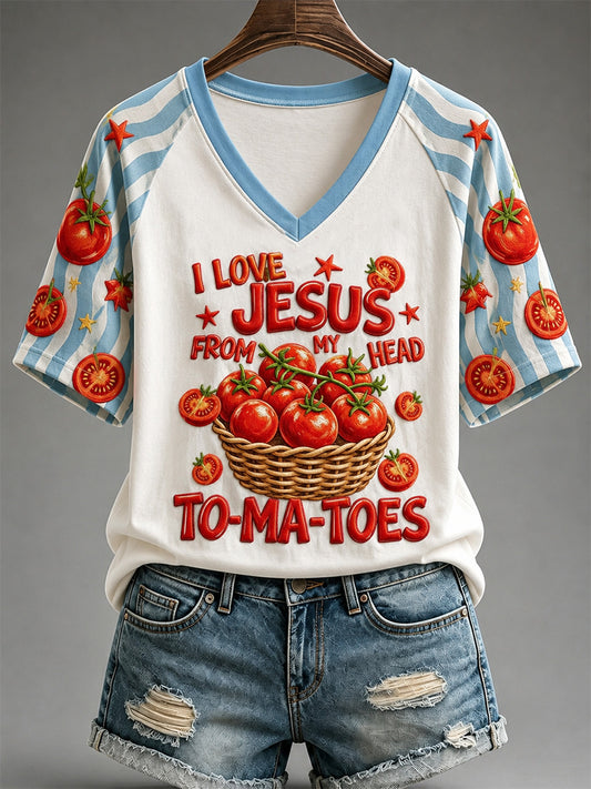 Women's I Love Jesus From My Head Tomatoes Print Casual V-Neck Tee
