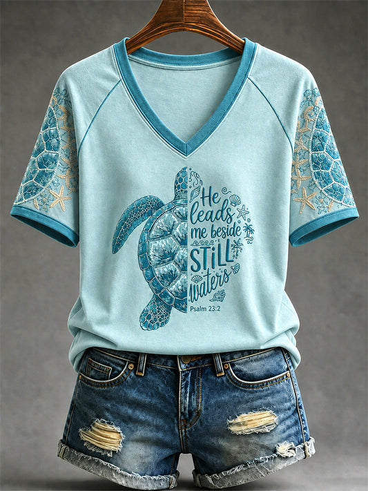 Women's He Leads Me Beside Still Waters Print Casual V-Neck Tee