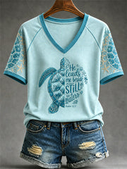 Women's He Leads Me Beside Still Waters Print Casual V-Neck Tee
