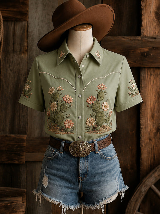 Women's Retro Western Bull Skull Print Short-Sleeve Shirt