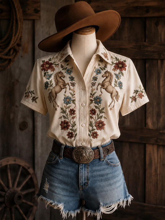 Women's Retro Western Bull Skull Print Short-Sleeve Shirt