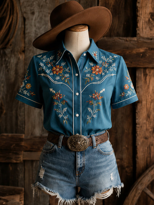 Women's Retro Western Bull Skull Print Short-Sleeve Shirt