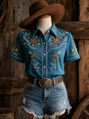 Women's Retro Western Bull Skull Print Short-Sleeve Shirt