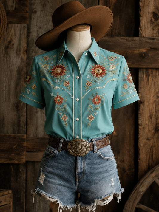 Women's Retro Western Bull Skull Print Short-Sleeve Shirt