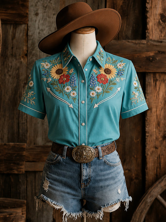 Women's Retro Western Bull Skull Print Short-Sleeve Shirt