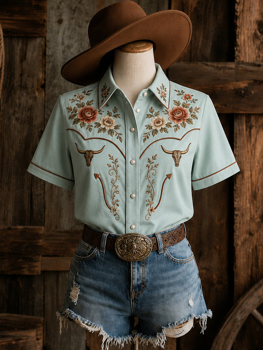 Women's Retro Western Bull Skull Print Short-Sleeve Shirt