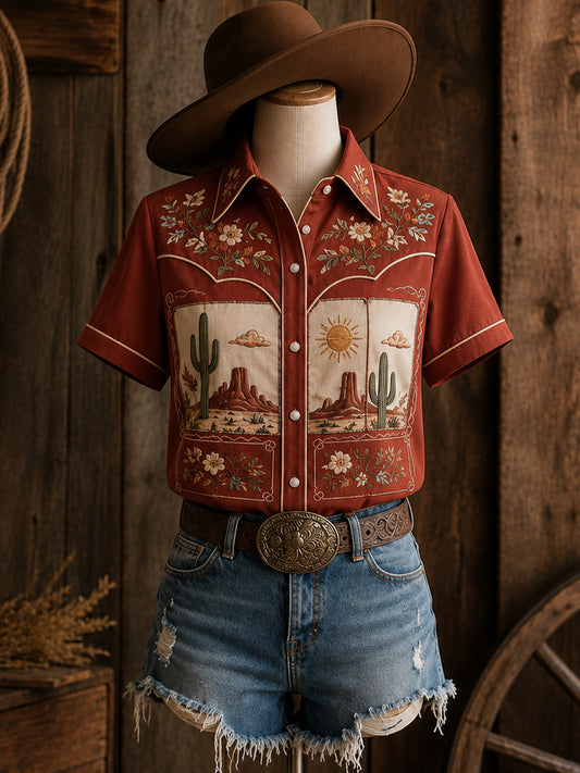 Women's Retro Western Bull Skull Print Short-Sleeve Shirt