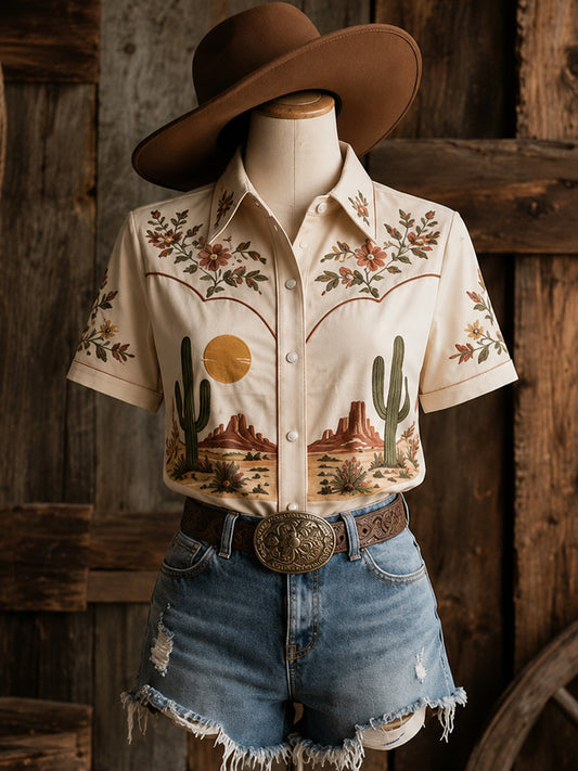 Women's Retro Western Bull Skull Print Short-Sleeve Shirt