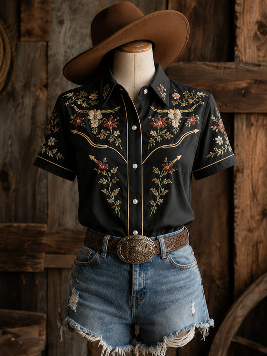 Women's Retro Western Bull Skull Print Short-Sleeve Shirt