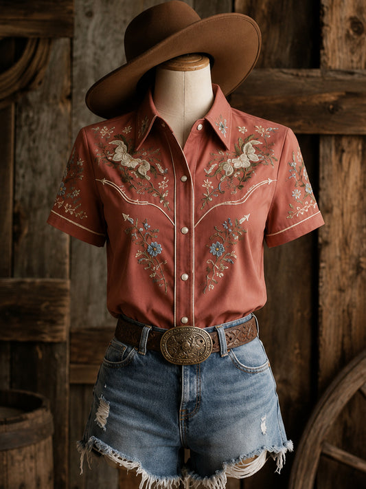 Women's Retro Western Bull Skull Print Short-Sleeve Shirt