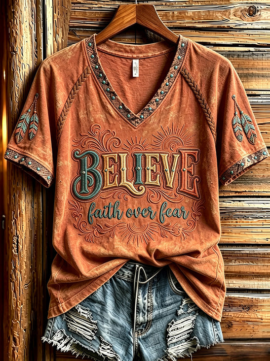Women's Western Faith Over Fear Print V-neck Short-sleeved T-shirt