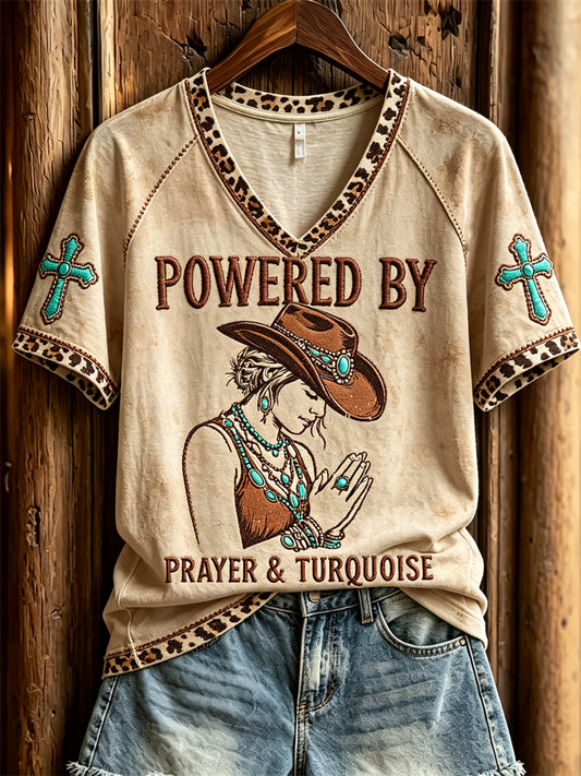 Women's Vintage Powered by Prayer & Turquoise Western Print short-sleeved T-shirt