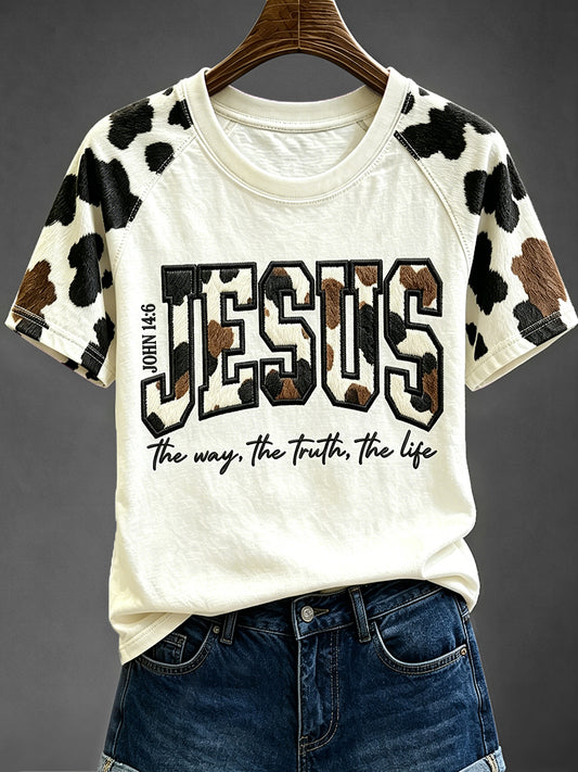 Women's Western Cowhide Jesus Print Round Neck Short Sleeve T-shirt