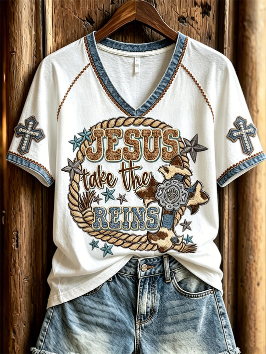 Women's Vintage Jesus Take the Reins Western Print short-sleeved T-shirt