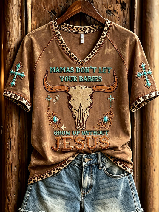 Women's Vintage Don't Let Your Babies Grow Up without Jesus Western Print short-sleeved T-shirt