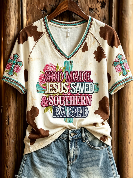 Women's Vintage God Made Jesus Saved & Southern Raised Western Print short-sleeved T-shirt