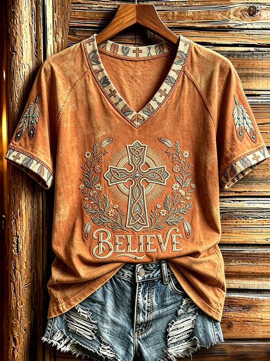 Women's Western Faith Believe Print V-neck Short-sleeved T-shirt