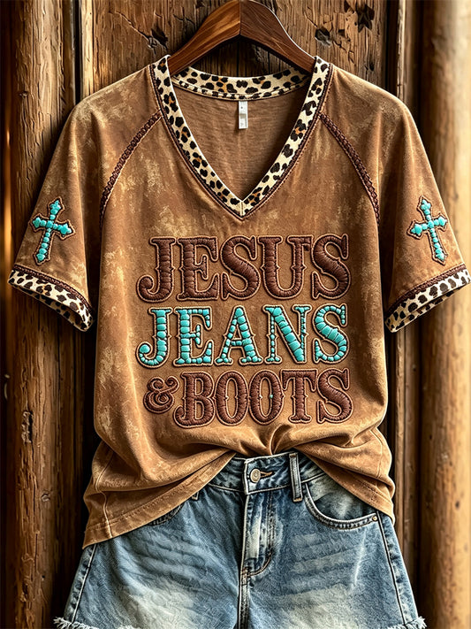 Women's Vintage Jesus Jeans & Boots Turquoise Leopard Western Print short-sleeved T-shirt