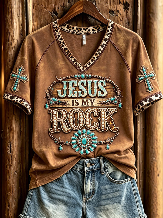 Women's Vintage Jesus Is My Rock Turquoise Leopard Western Print short-sleeved T-shirt