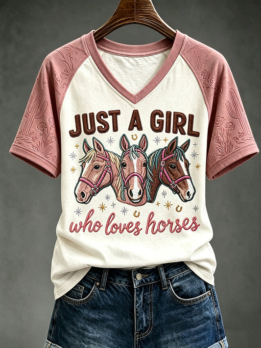 Women's Just A Girl Who Loves Horses Print V-neck Short-sleeved T-shirt