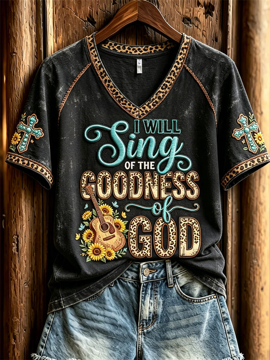 Women's Vintage I Will Sing of the Goodness of God Western Print short-sleeved T-shirt