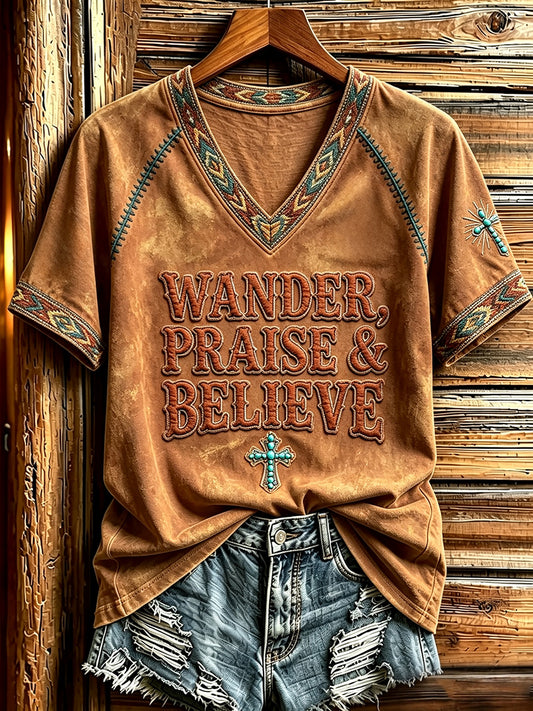 Women's Western Wander Praise & Believe Print V-neck Short-sleeved T-shirt