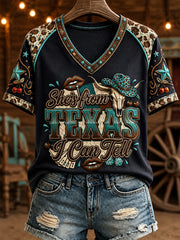 Women's She's From Texas I Can Tell Print Casual V-Neck Tee
