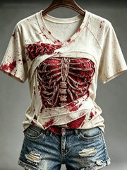 Women's Halloween Bloody Human Skeleton With Floral Art T-shirt