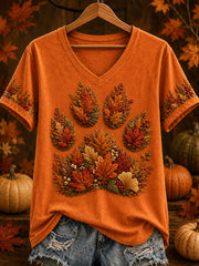 Women's Autumn Maple Leaf Cute Paws Short Sleeve T-shirt