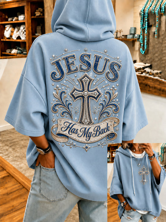 Women's Jesus Has My Back Christian Cross Print Casual Half-Sleeve Hoodie
