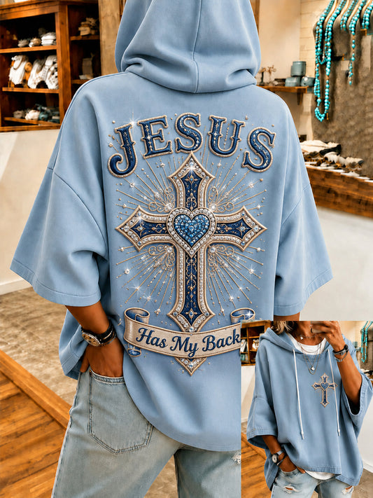 Women's Jesus Has My Back Christian Cross Print Casual Half-Sleeve Hoodie
