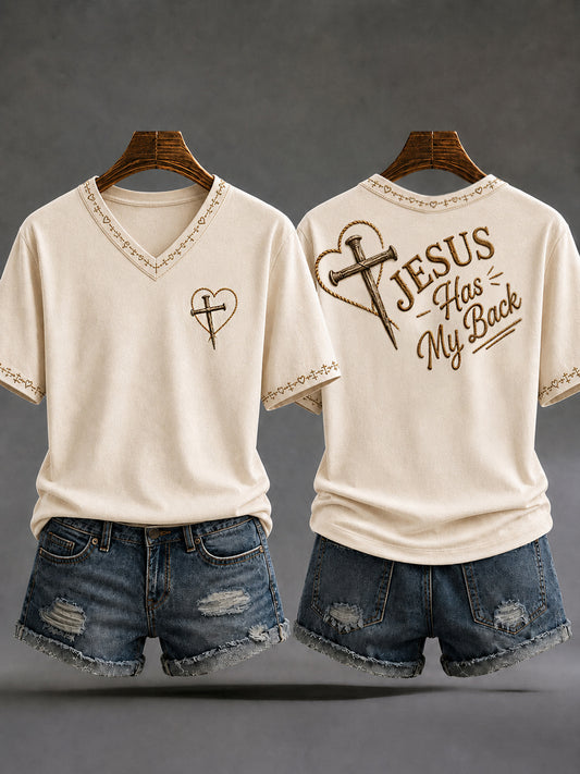 Women's Jesus Has My Back Christian Cross Print Casual V-Neck Tee
