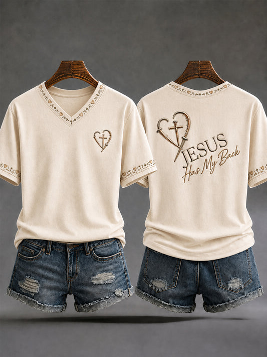 Women's Jesus Has My Back Christian Cross Print Casual V-Neck Tee