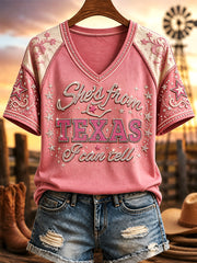 Women's She's From Texas I Can Tell Print Casual V-Neck Tee