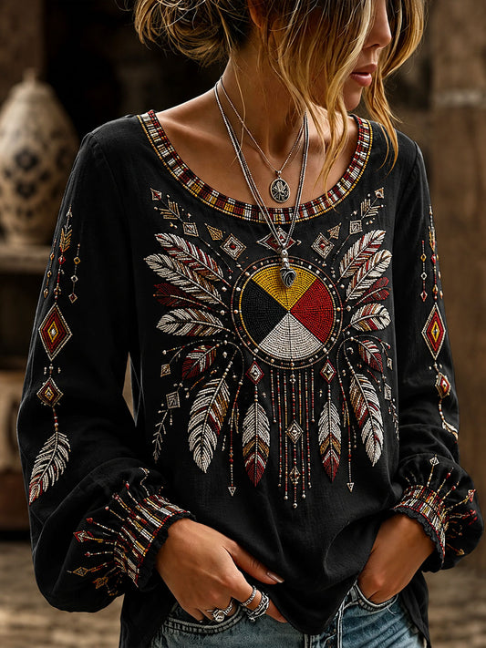 Women's Indigenous Art Cotton Linen Shirt