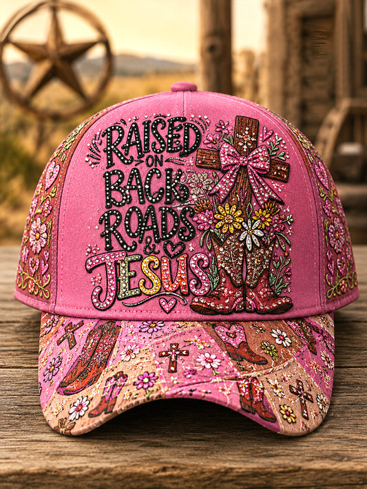 Unisex Retro Western Raised On Back Roads And Jesus Print Hat