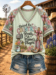 Women's Retro Western Raised On Dirt Roads And Mama's Prayers Print Casual V-Neck Tee