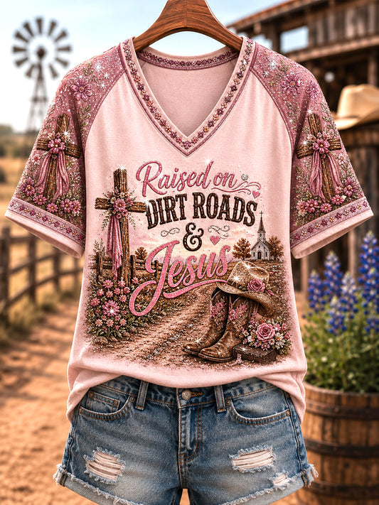 Women's Retro Western Raised On Dirt Roads And Jesus Print Casual V-Neck Tee