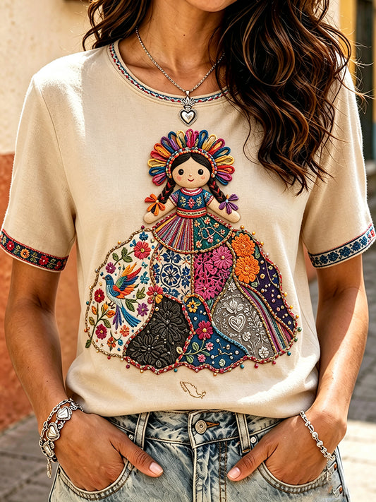 Women's Mexico Lele Doll Otomí Art Printed T-shirt