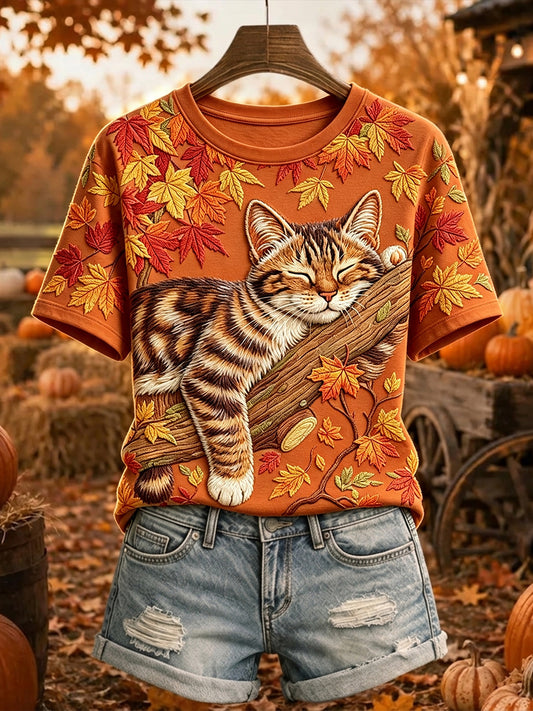 Women's Cute Sleeping Cat On The Fall Tree Print Short-sleeved T-shirt