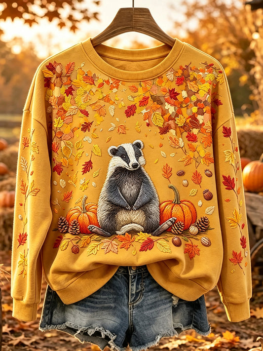 Women's Autumn Badger Print Round Neck Cozy Sweatshirt