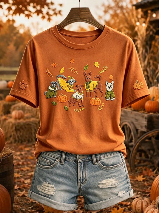 Women's Cute Fall Dogs Print Comfy Short-sleeved T-shirt