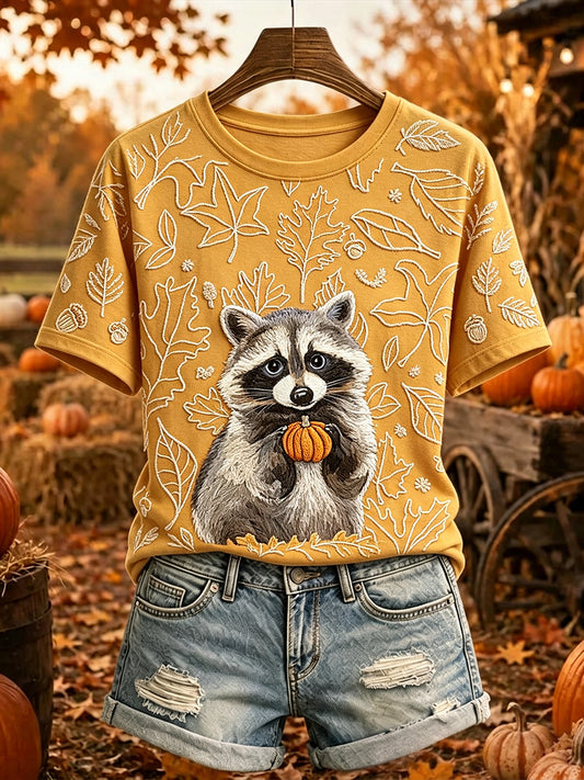Women's Vintage Fall Raccoon Art Print Short-sleeved T-shirt