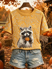 Women's Vintage Fall Raccoon Art Print Short-sleeved T-shirt