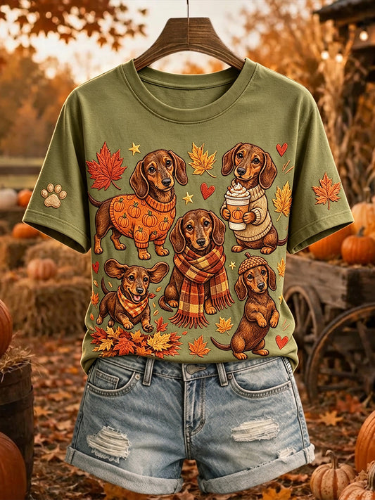 Women's Lovely Fall Dachshund Print Round Neck Short-sleeved T-shirt