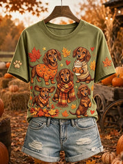 Women's Lovely Fall Dachshund Print Round Neck Short-sleeved T-shirt