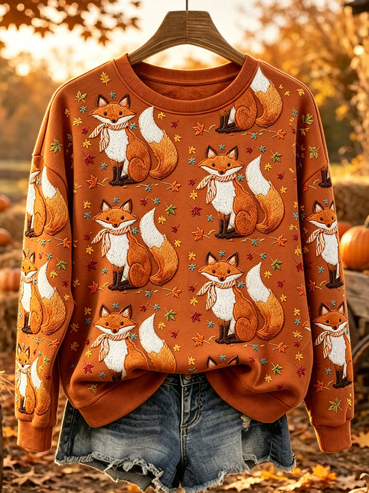 Women's Vintage Autumn Fox Art Print Round Neck Comfy Sweatshirt