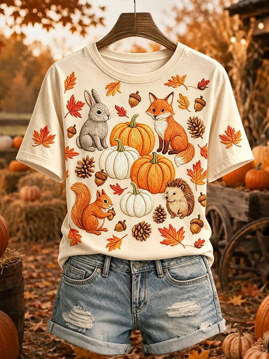 Women's Vintage Pumpkins & Animals Fall Art Print Short-sleeved T-shirt