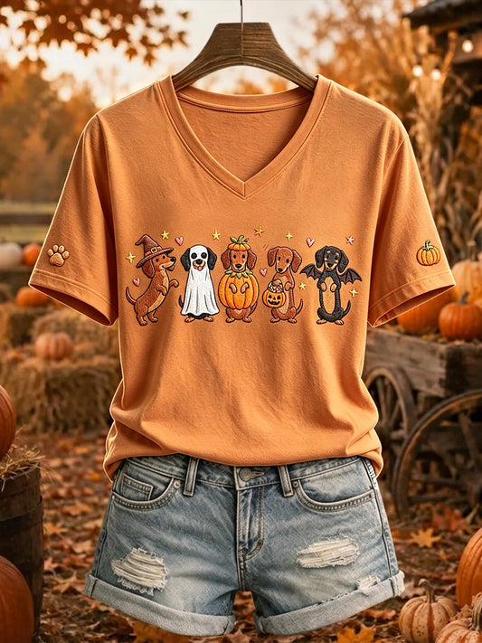Women's Fall Halloween Dachshund Print V Neck Short-sleeved T-shirt